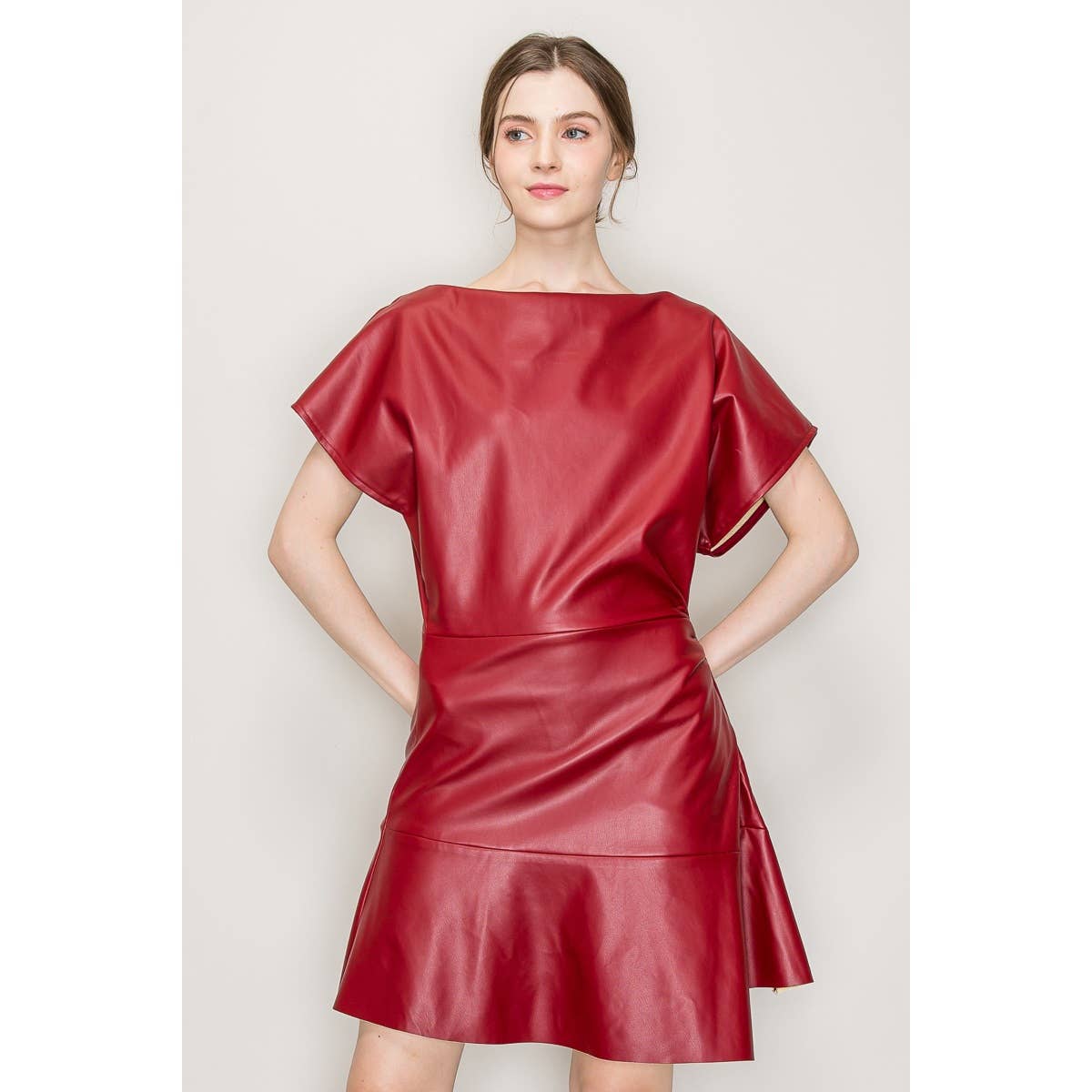 Briana Boat Neck Vegan Leather Short Sleeve Mini Dress