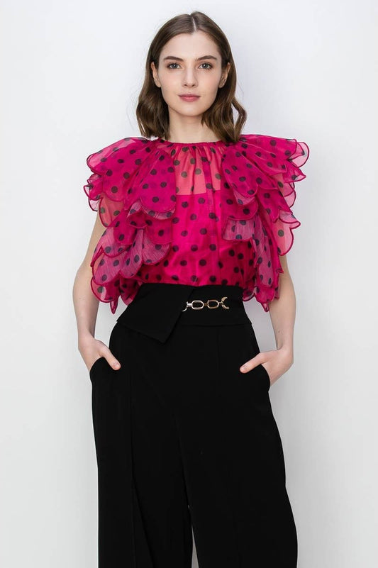 Cathie Polka Dot Ruffled Short Sleeves Blouse Top