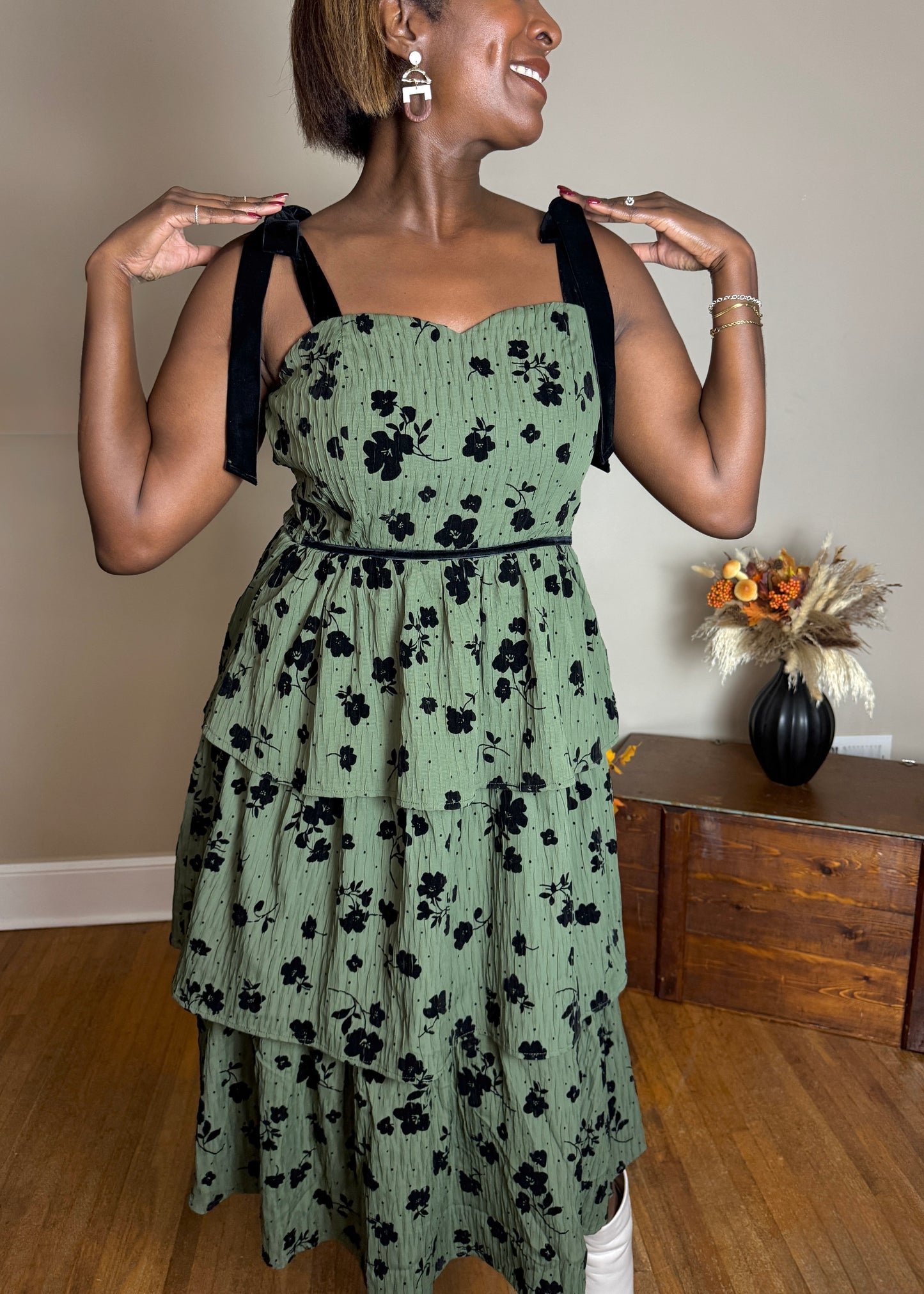 Velvet Flower Tiered Midi Dress