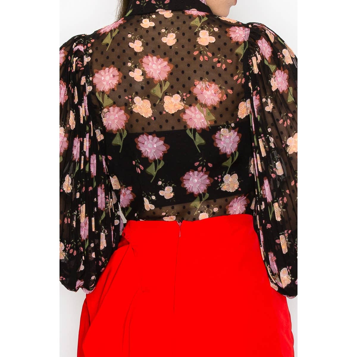 Crystal Long Pleated Sleeve Floral print Blouse Top