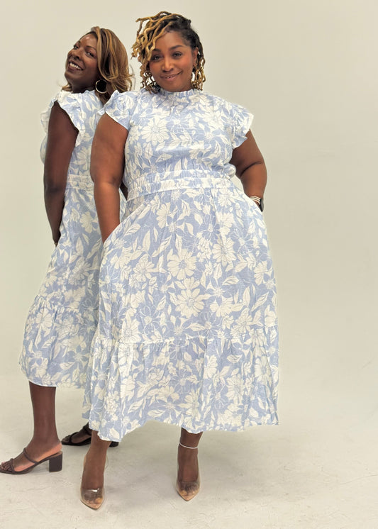 Plus Blue Printed Midi Dress with Flutter Sleeves