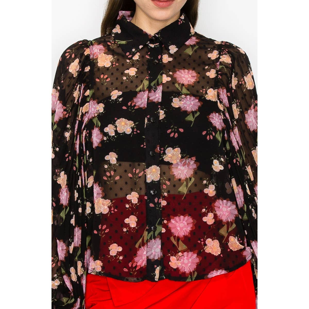 Crystal Long Pleated Sleeve Floral print Blouse Top