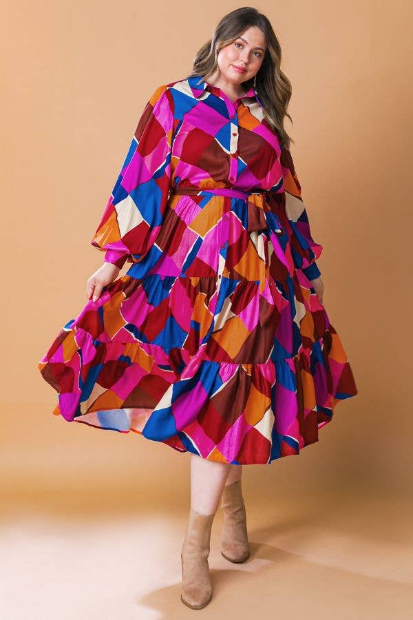 PLUS - Multicolor Geometric Tiered Midi Shirt Dress