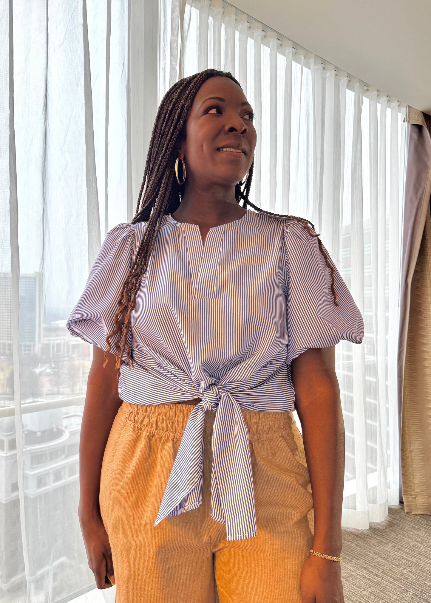 Striped Tie-Front Blouse with Button Back Detail - Willow