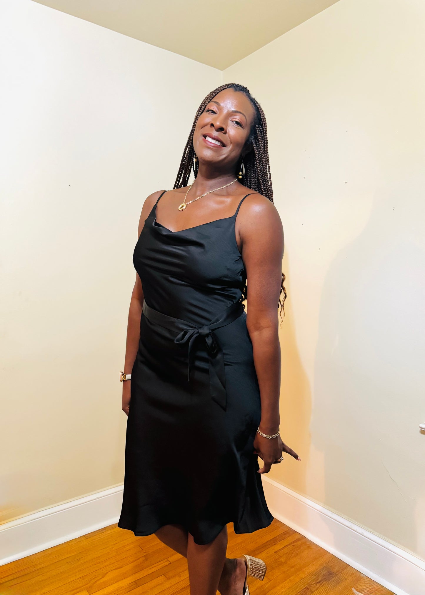 Satin Draped Neck Sleeveless Midi Dress - Lucille