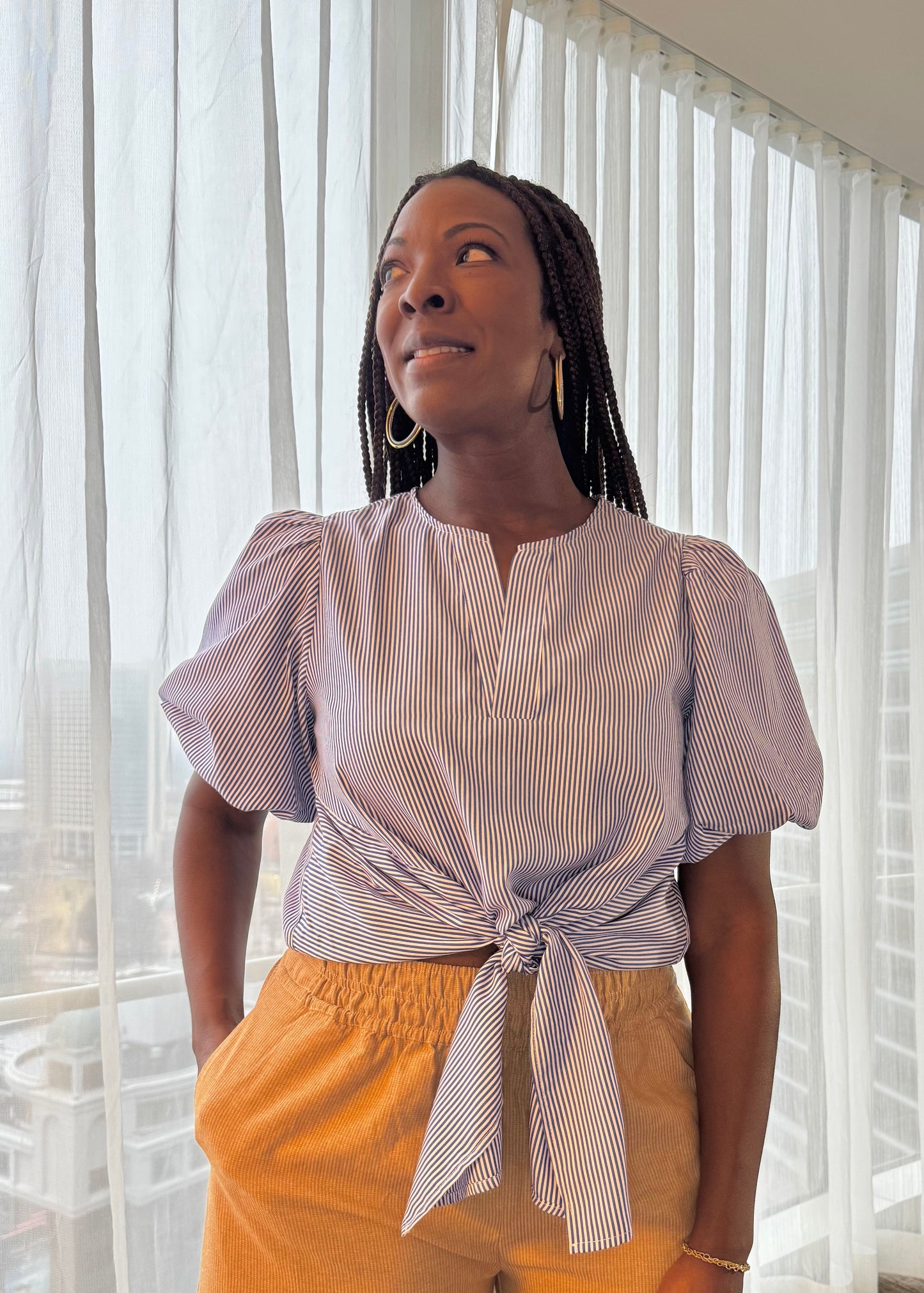 Striped Tie-Front Blouse with Button Back Detail - Willow