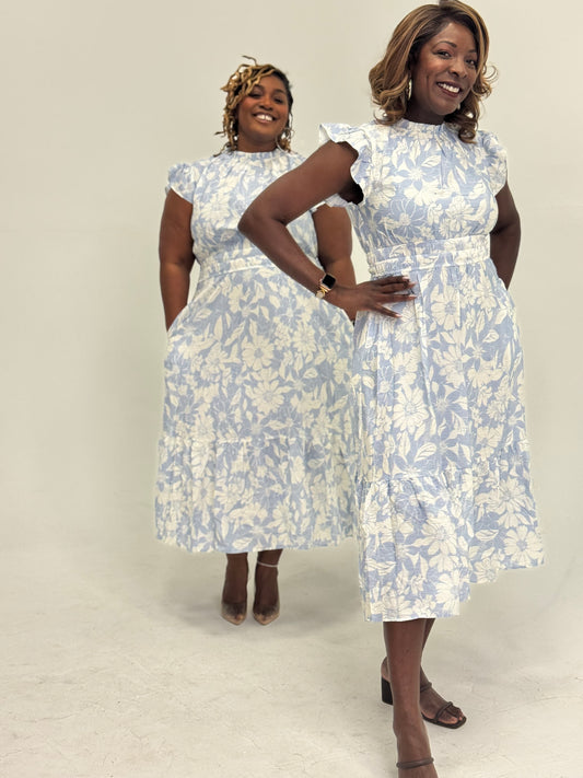 Blue Printed Midi Dress with Flutter Sleeves