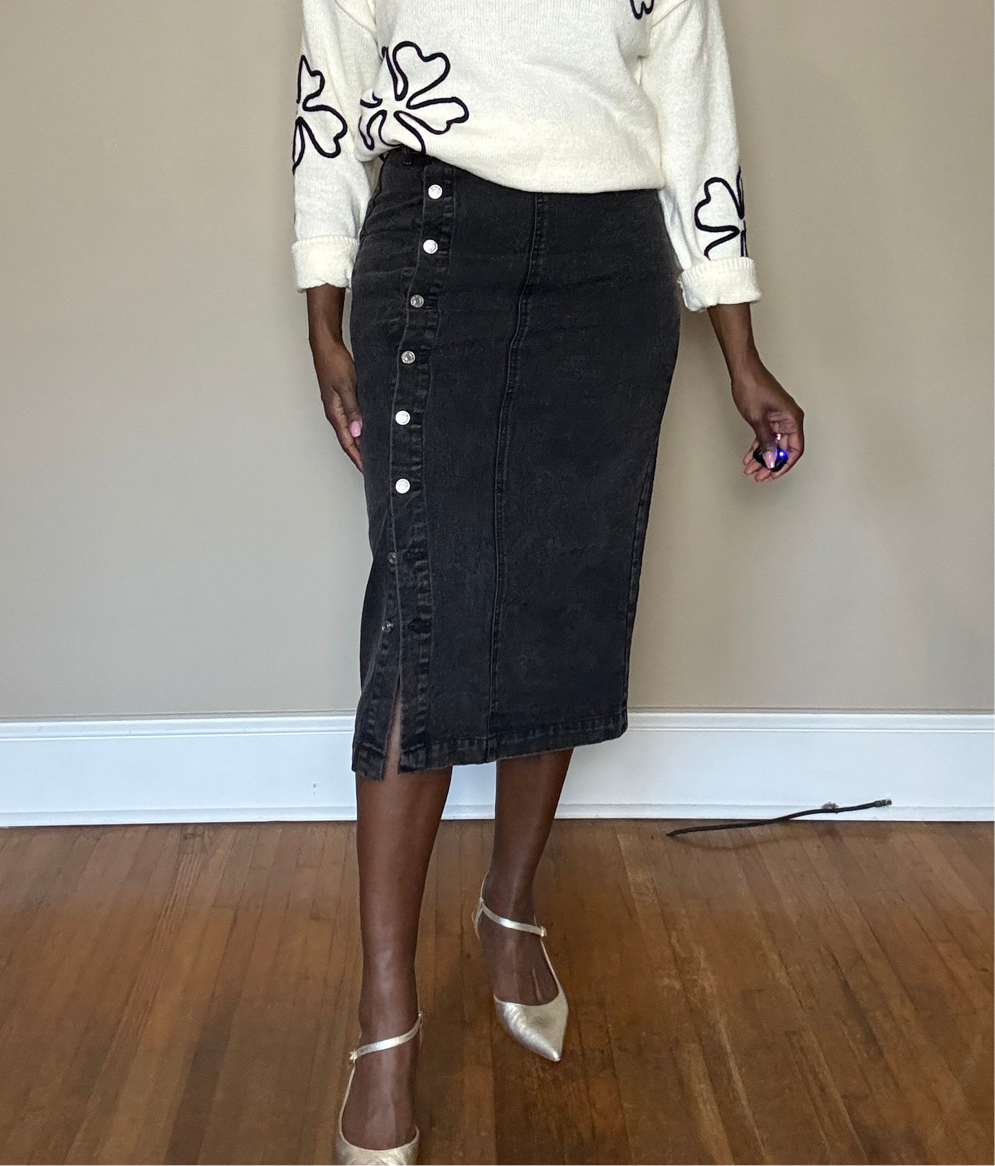 Falana Denim Midi Button Front Pencil Skirt