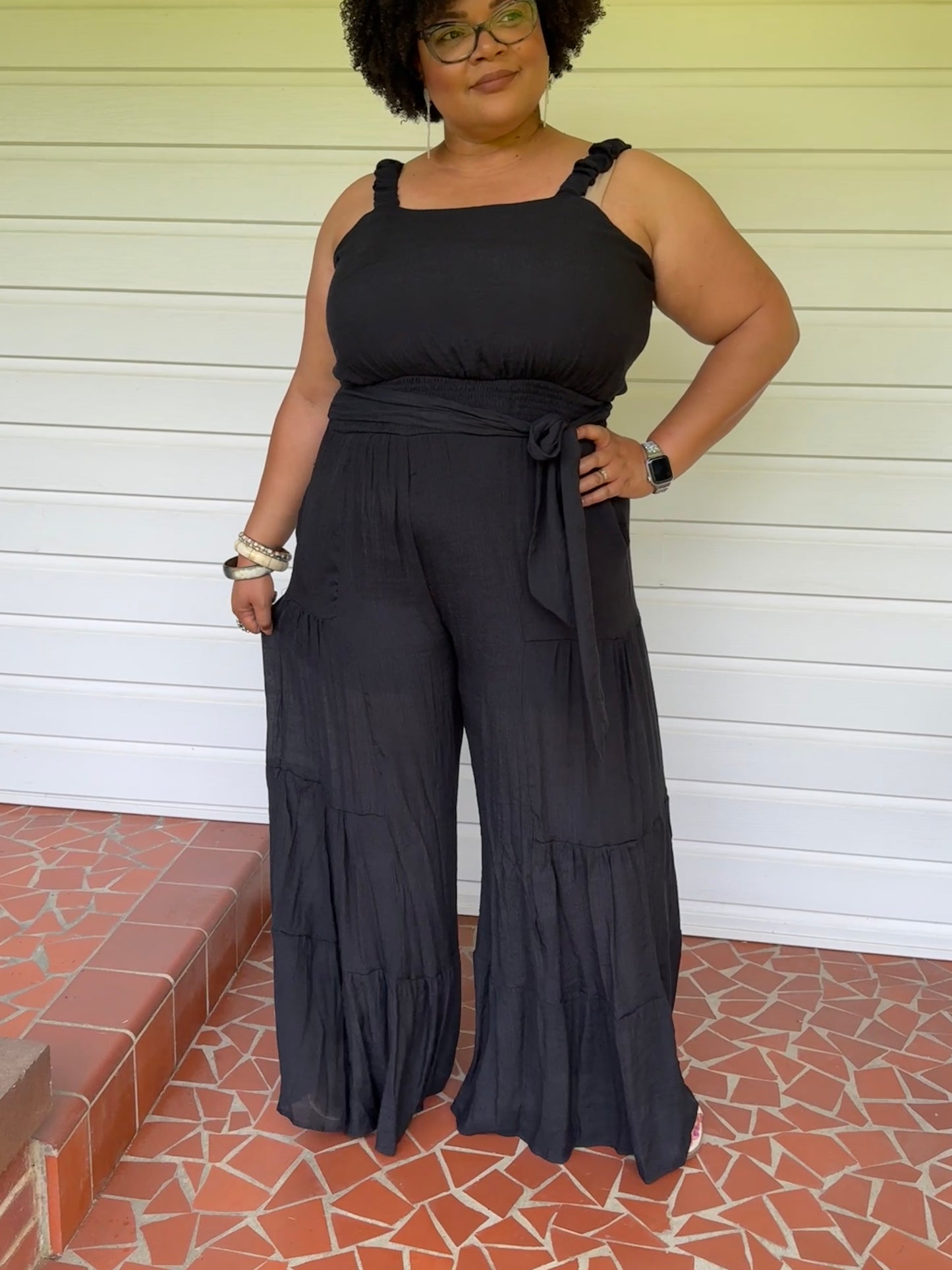 PLUS - ELASTIC STRAP TIERED JUMPSUIT