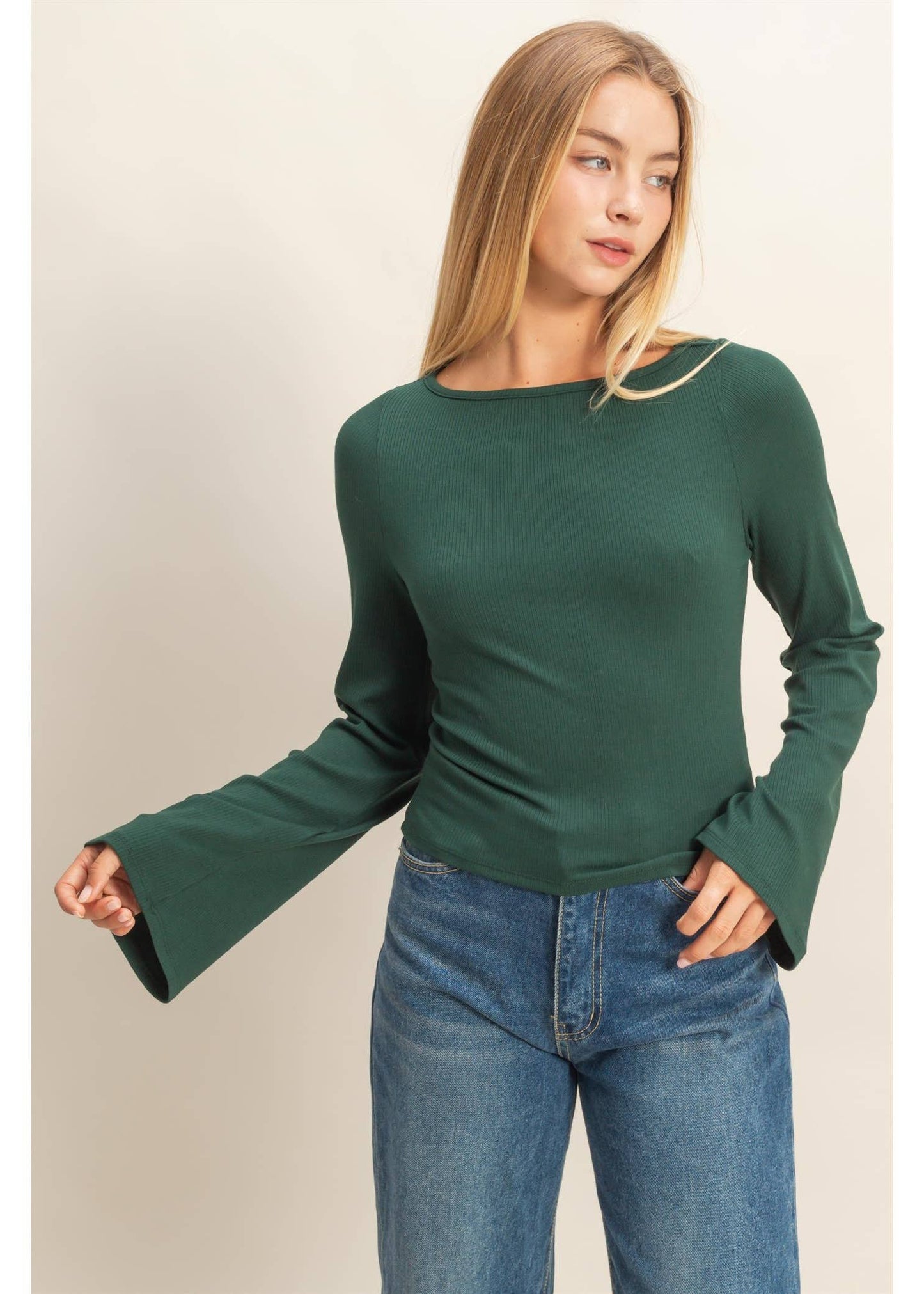Long Bell Sleeve Ribbed Knit Top - Everly