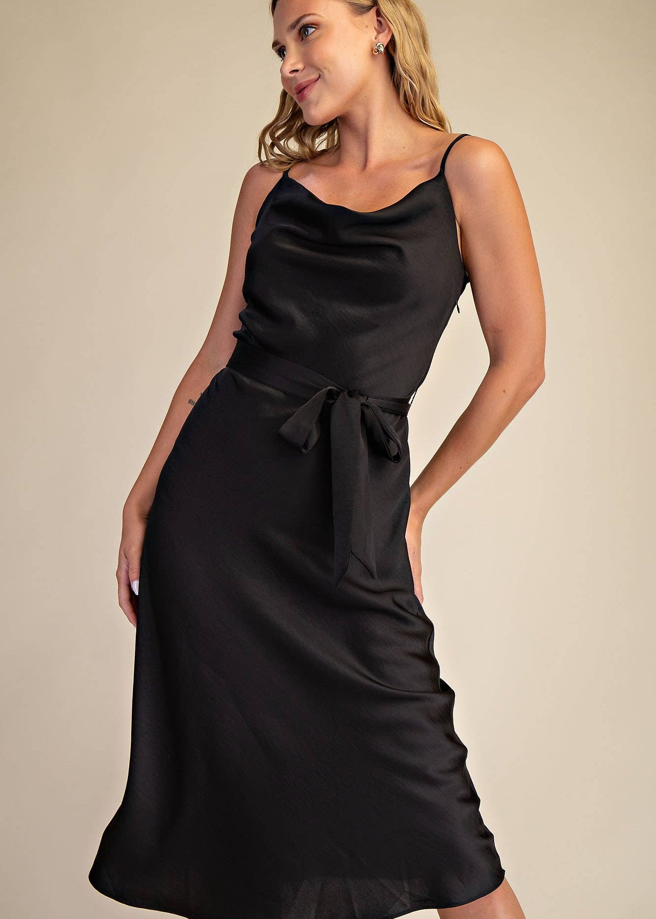 Satin Draped Neck Sleeveless Midi Dress - Lucille