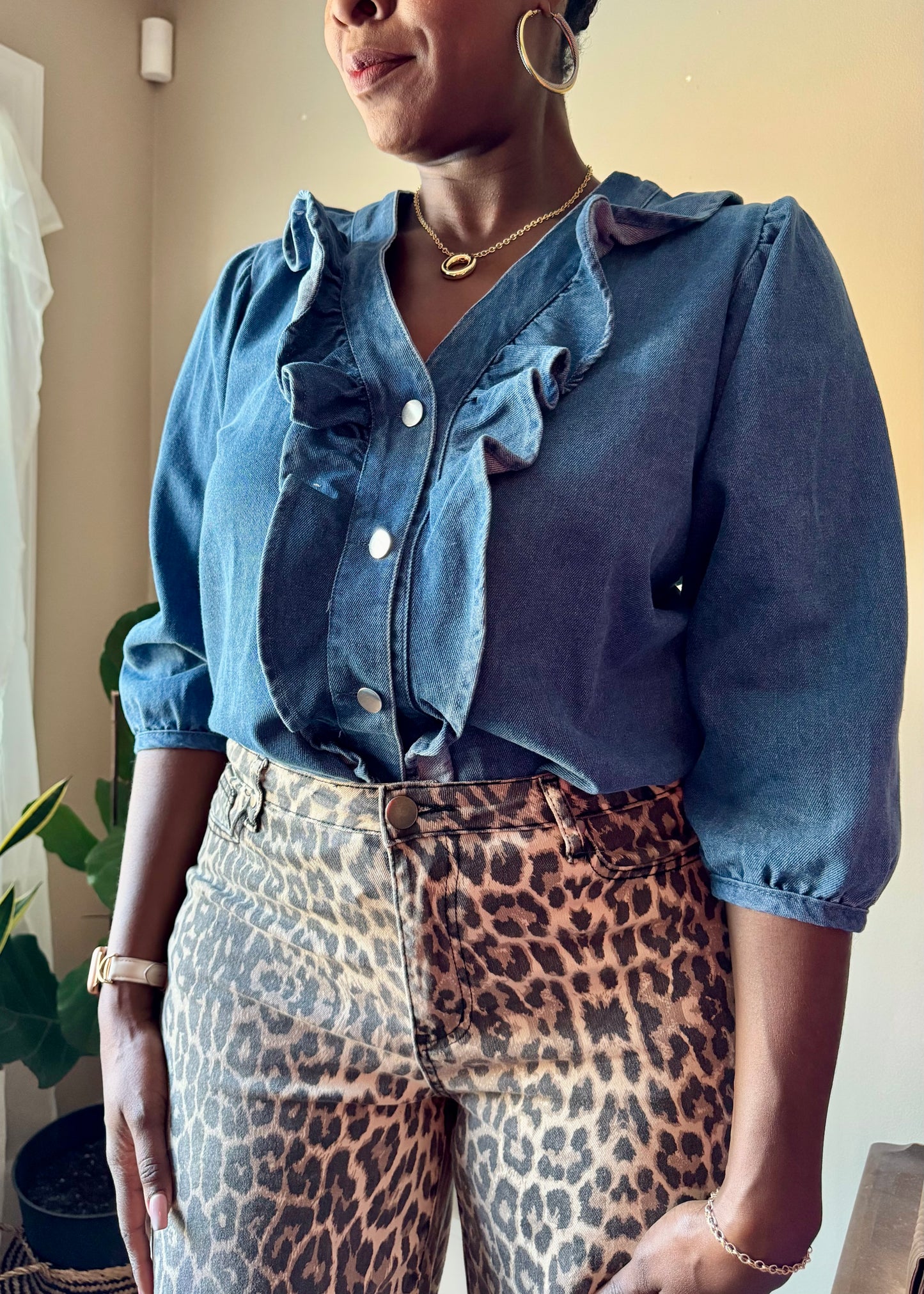 Ruffled 3/4 Sleeve Denim Blouse – Elana