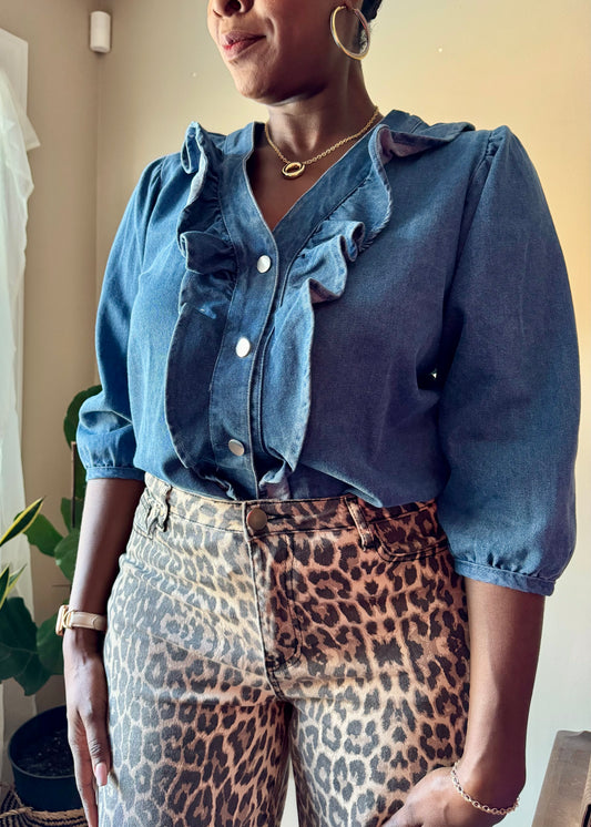Ruffled 3/4 Sleeve Denim Blouse – Elana