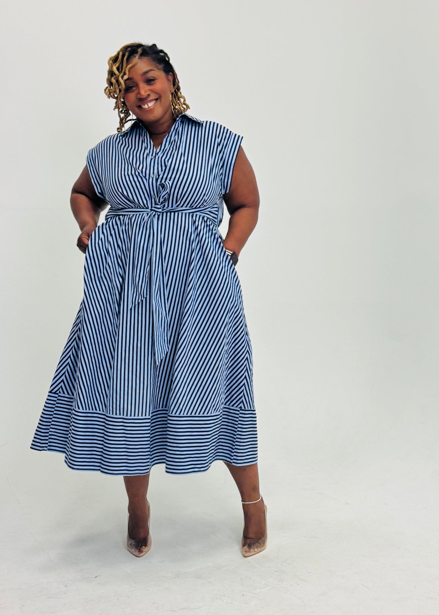 Plus Size Striped Midi Shirt Dress