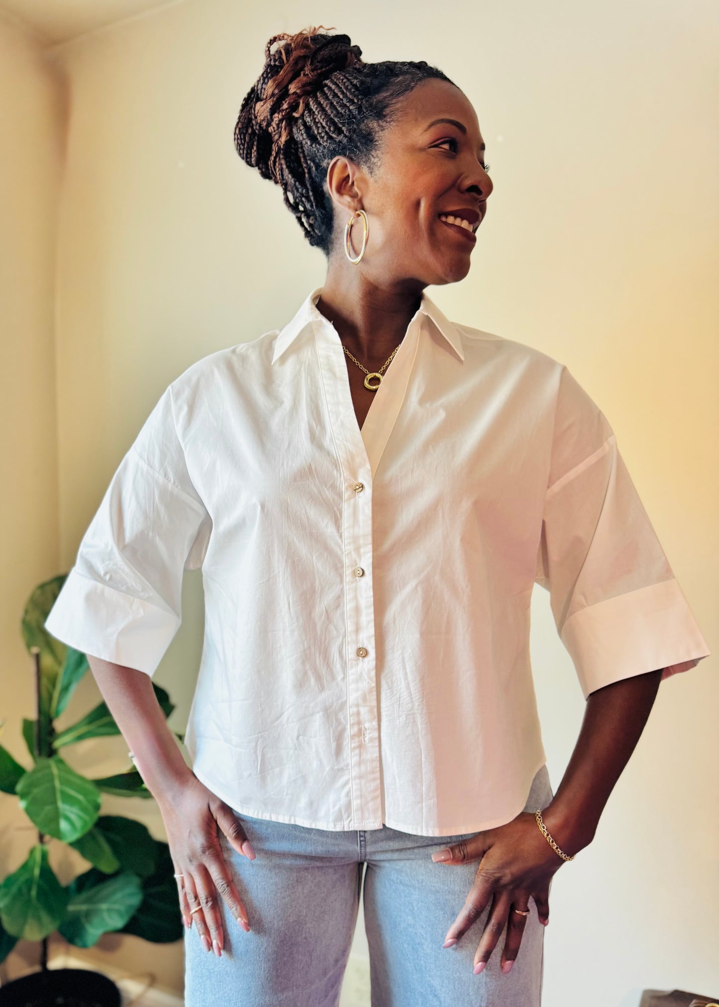 Back Pleat Button-Down Cotton Shirt