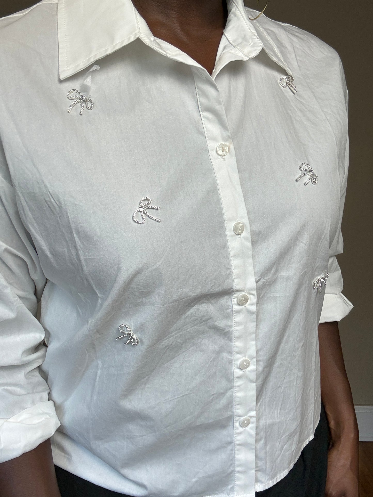 Celeste Jewled Bow Detail Button Down Shirt Top