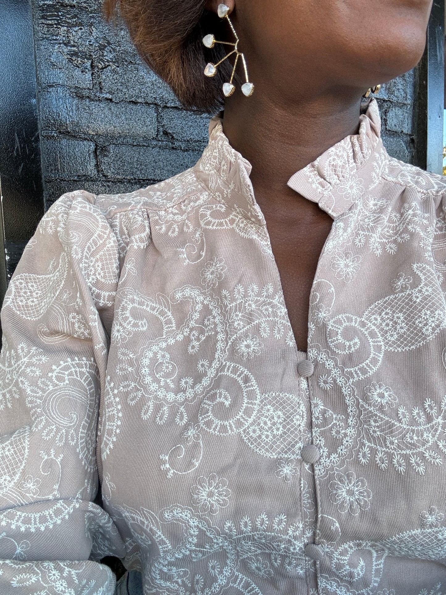 Felize Paisley Eyelet Laced Button-Up Blouse