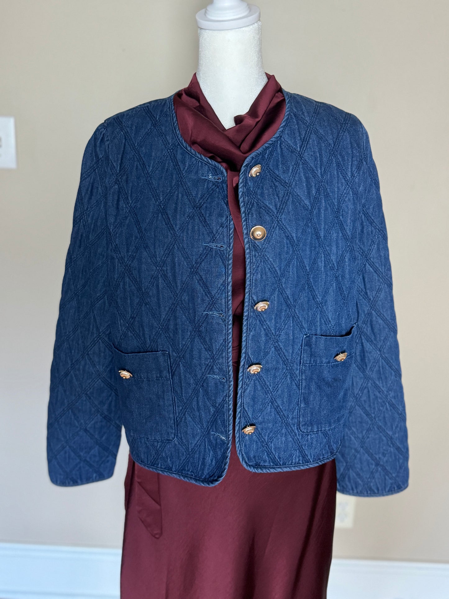 Quilted Denim Collarless Jacket – Austin