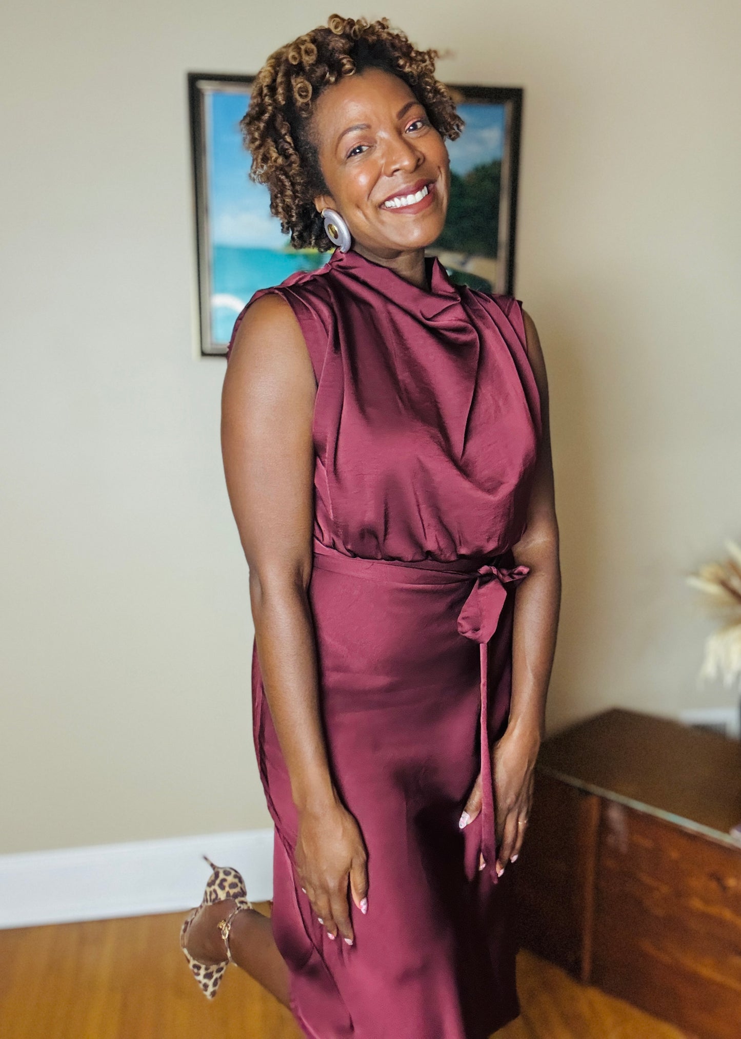 Mock Cowl Neck Satin Midi Dress – Becca