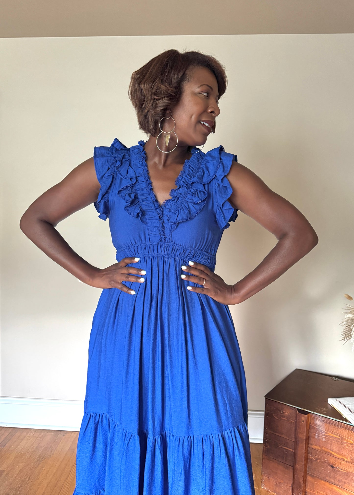 Bekah Ruffle V-Neck  A-Line Midi Dress