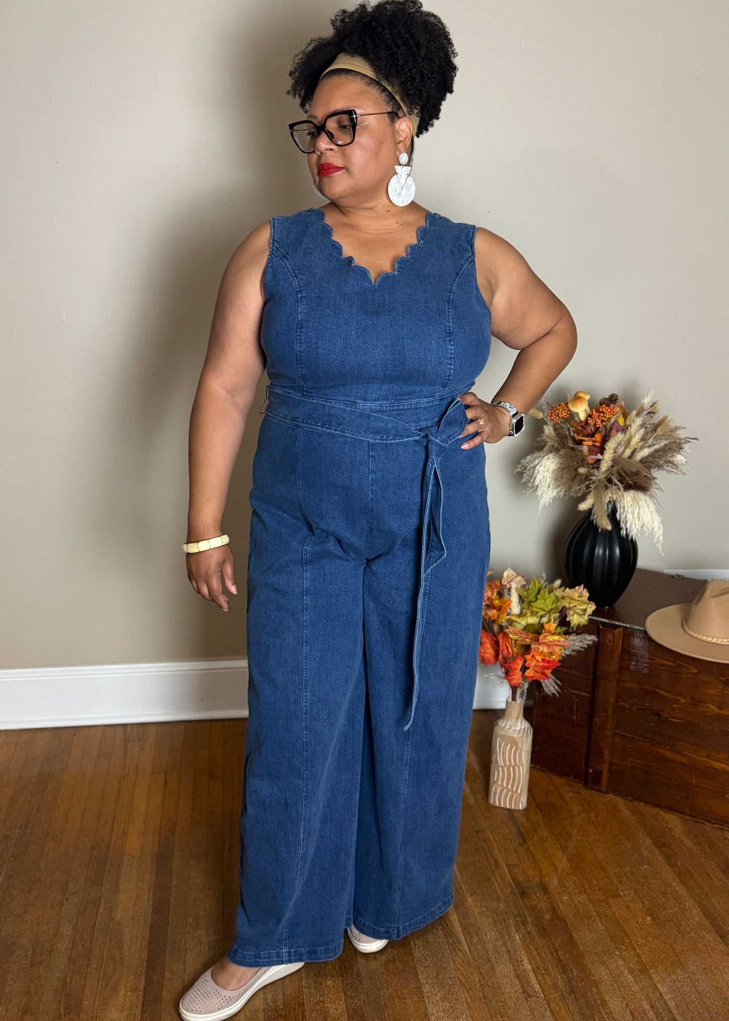 Plus Denim V-neck Wide Leg Jumpsuit