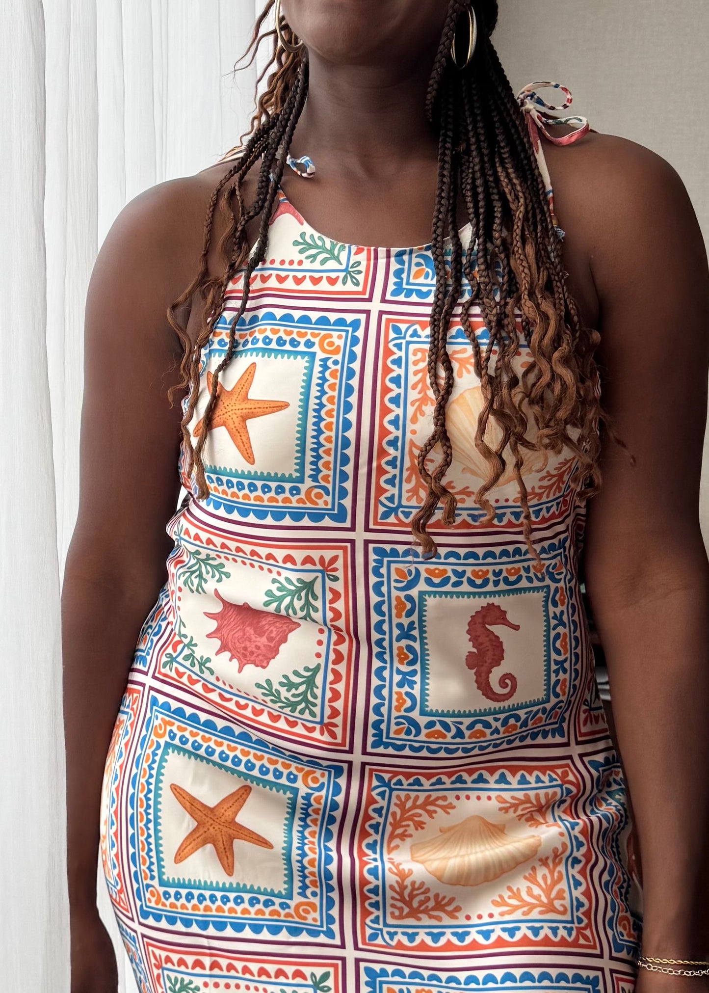 Satin Shell Mosaic Halter Maxi Dress — Santorini Collection