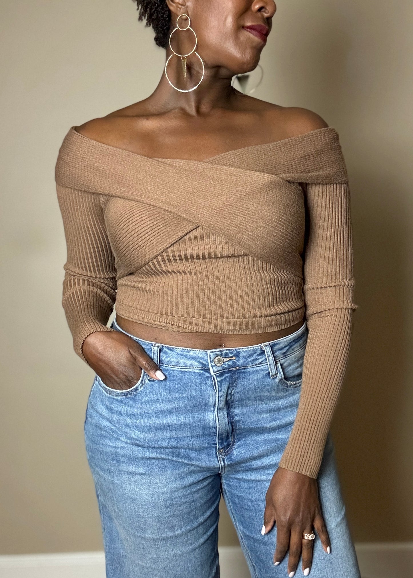 Callie Knit Sweater Off Shoulder Long Sleeve Top