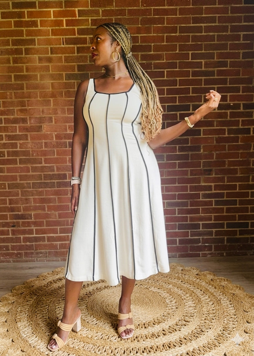 Linen Midi Dress With Piping Detail