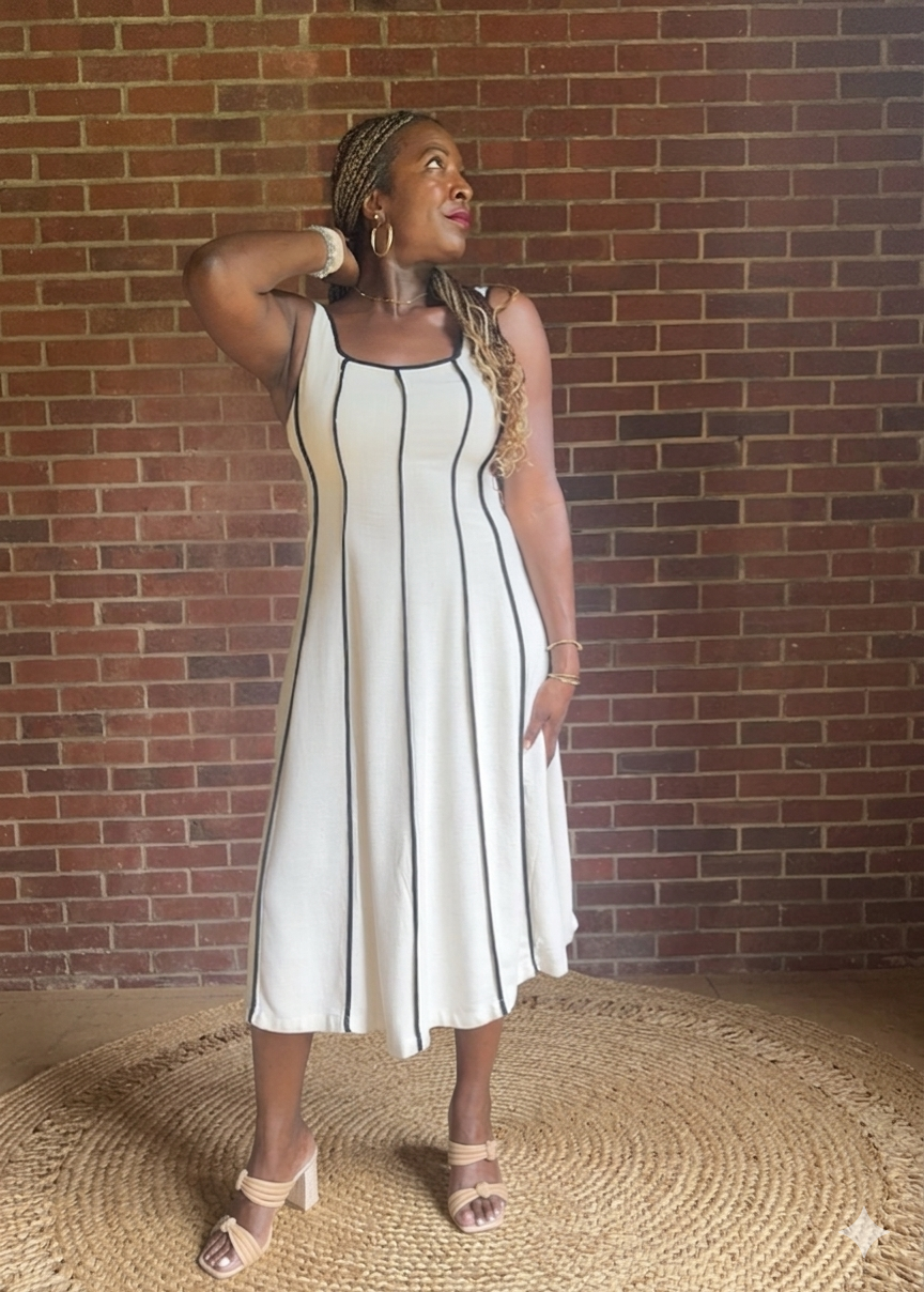 Linen Midi Dress With Piping Detail