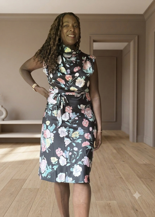 Mock Cowl Neck Satin Floral Midi Dress – Terrie