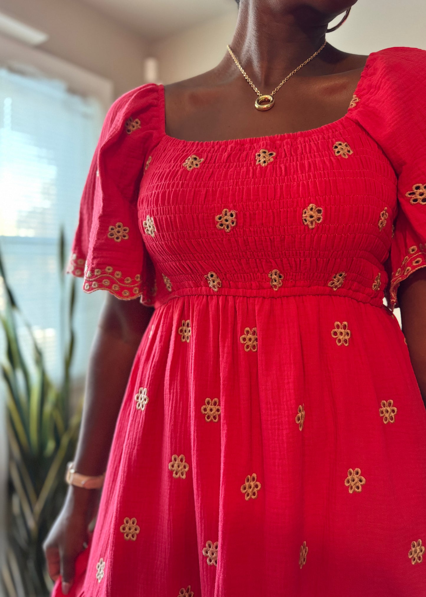 Embroidered Cotton Gauze Smocked Dress – Scalloped Flutter Sleeves