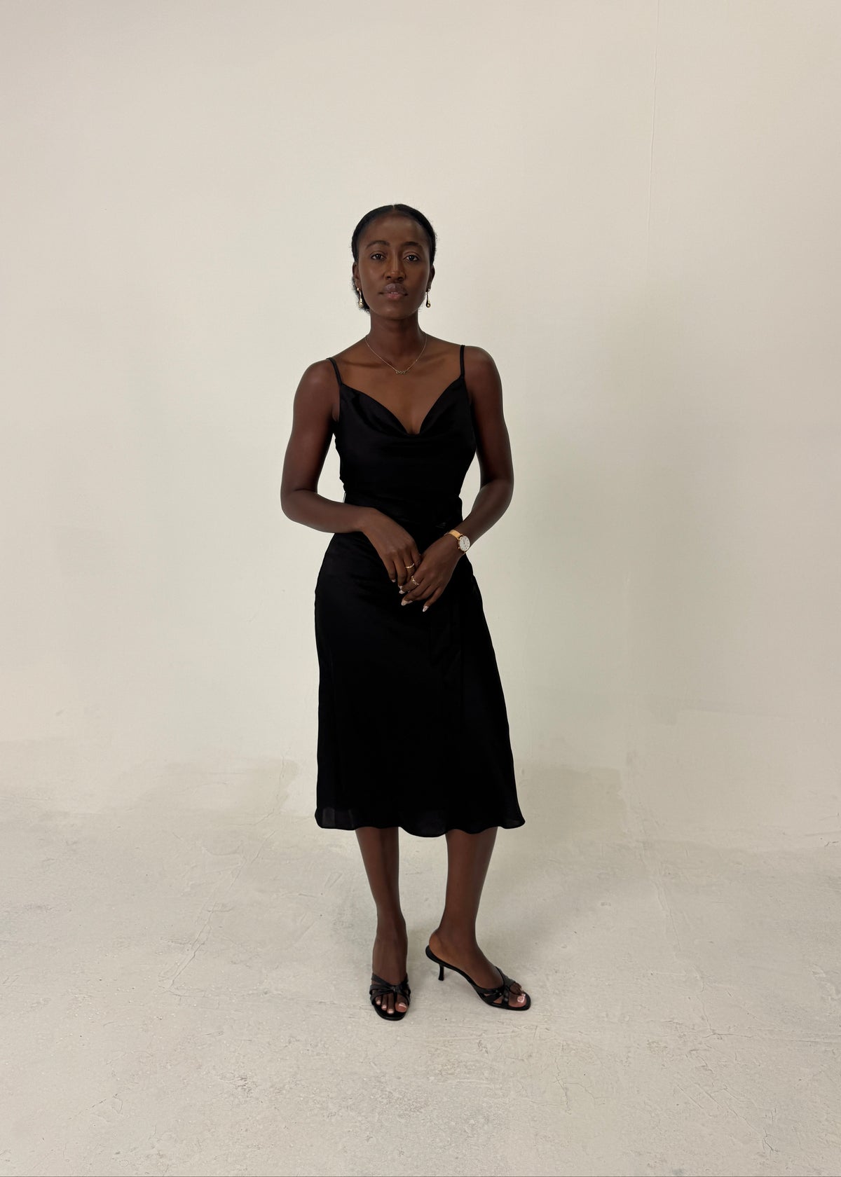 Satin Draped Neck Sleeveless Midi Dress - Lucille