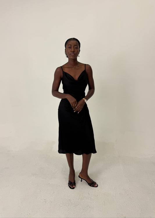 Satin Draped Neck Sleeveless Midi Dress - Lucille