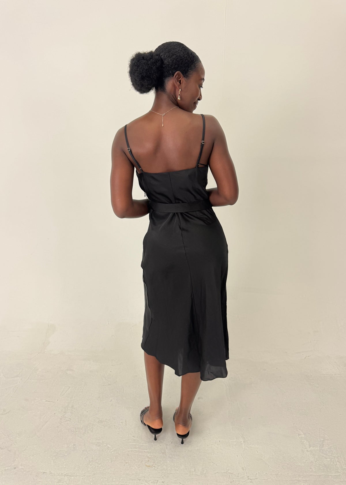 Satin Draped Neck Sleeveless Midi Dress - Lucille