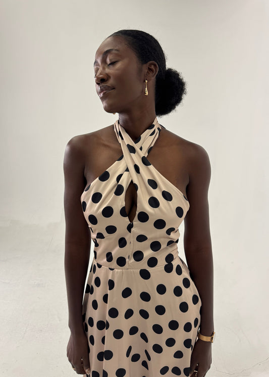 Polka Dot Twisted Halter Maxi Dress