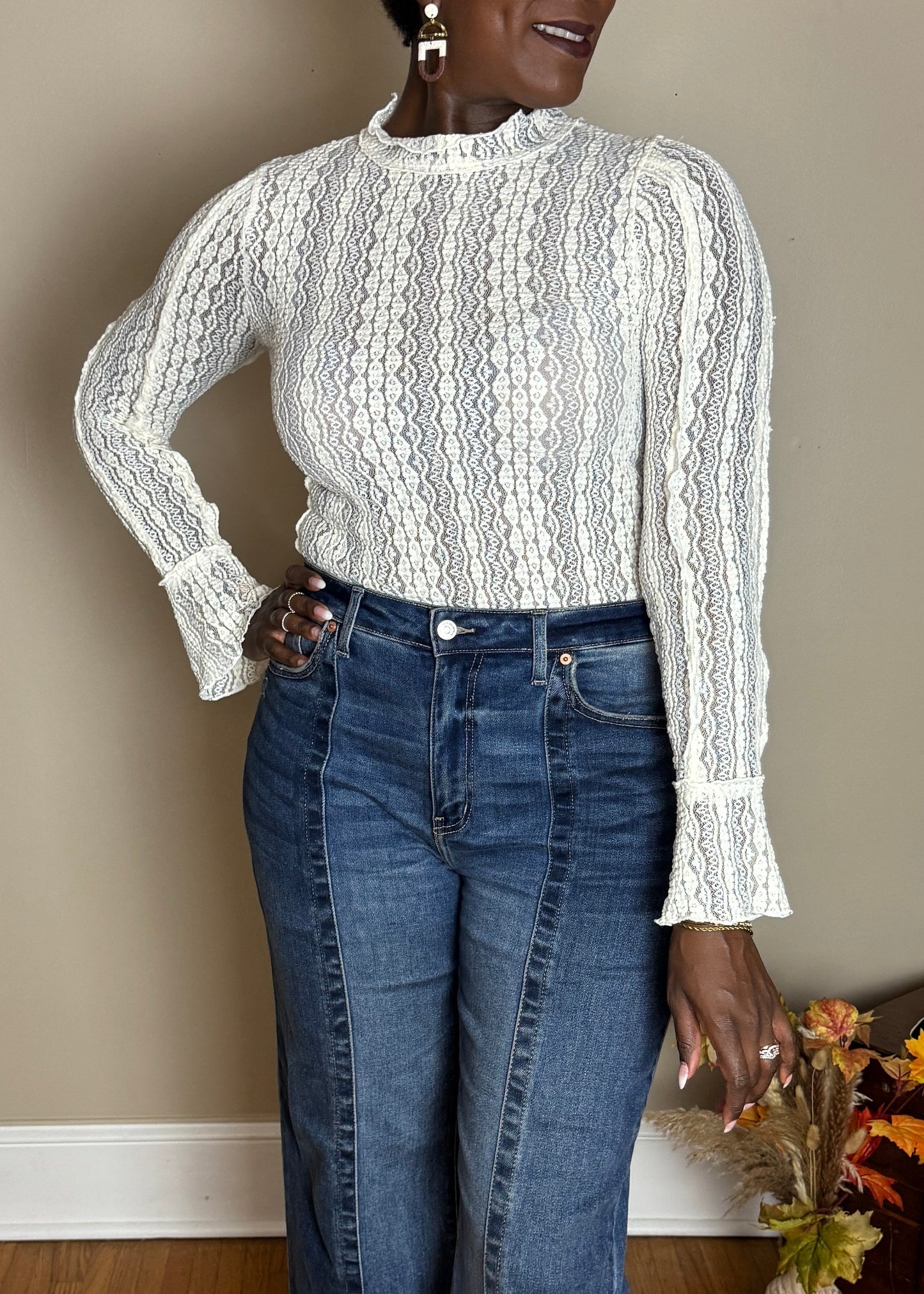 Sheer Lace Mock Neck Top With Bellsleeve – Lila