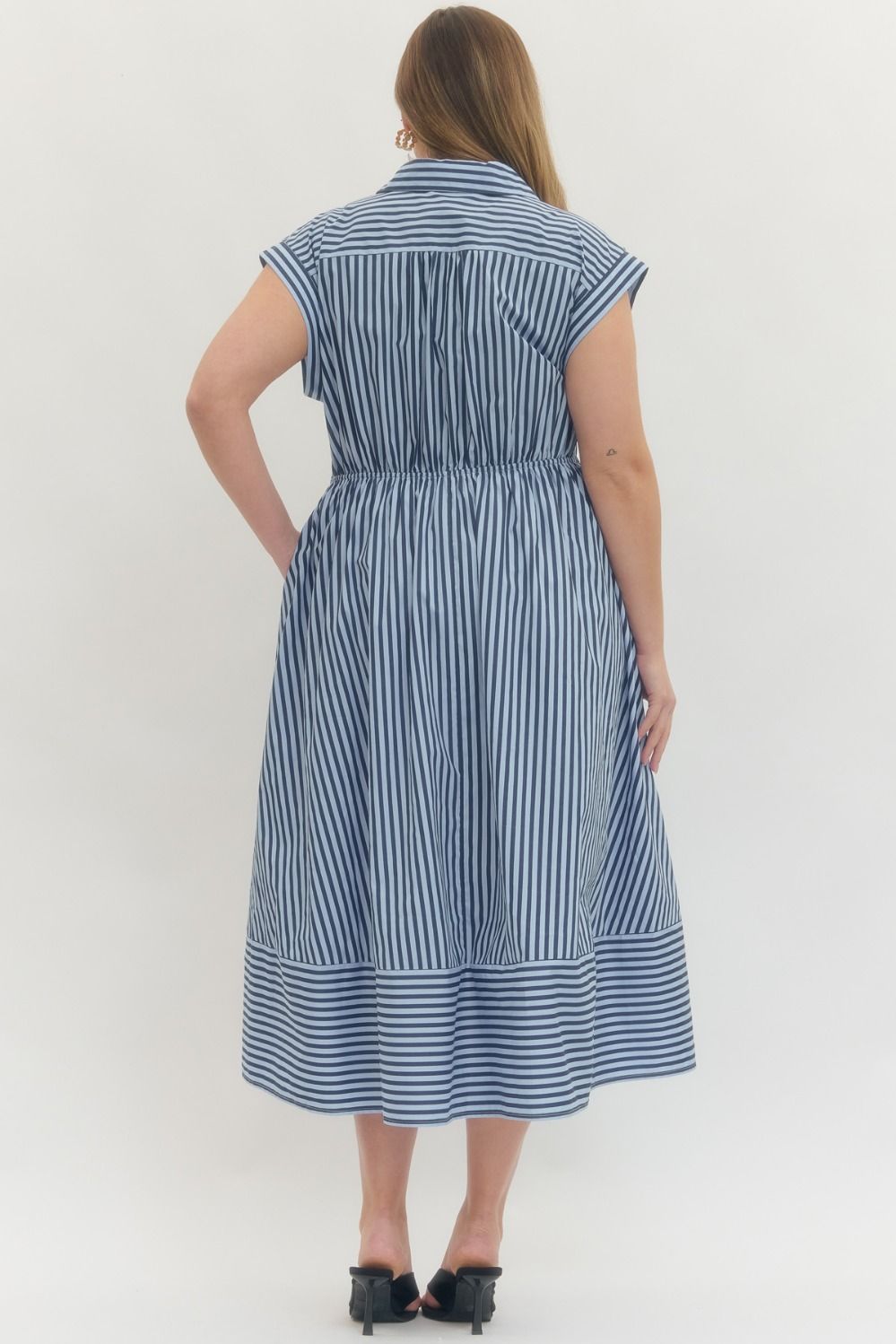 Plus Size Striped Cap Sleeve Midi Adaline Dress – Tie Waist