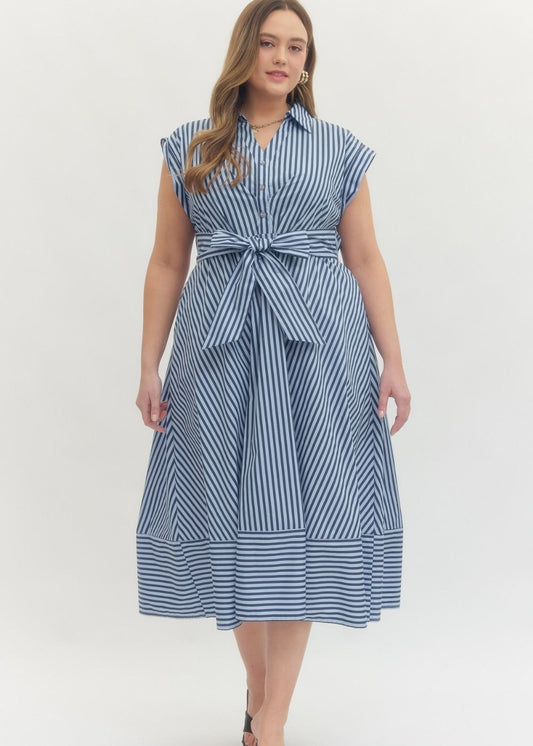 Plus Size Striped Cap Sleeve Midi Adaline Dress – Tie Waist