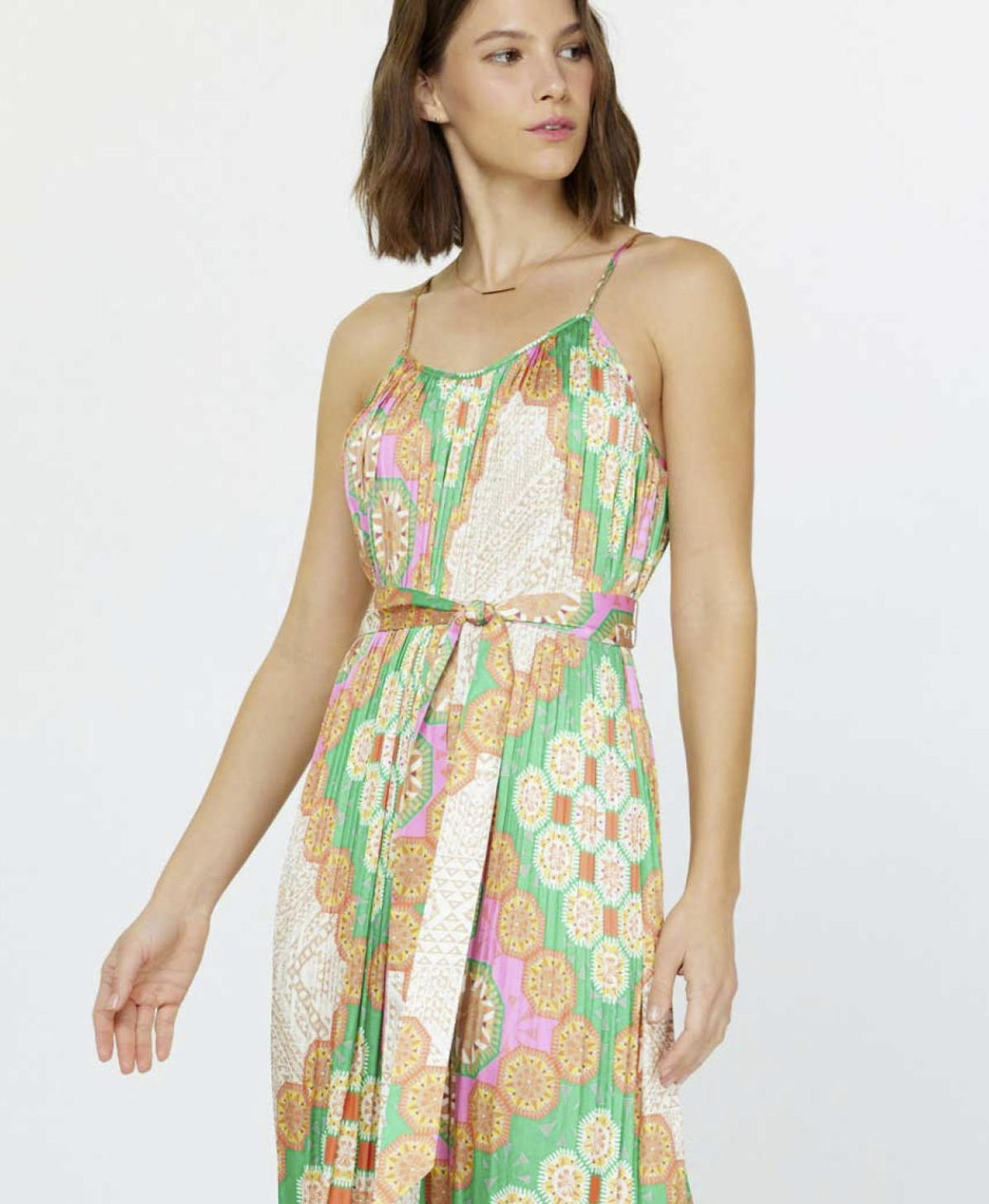 Bliss Marie Boho Pleated Cami Maxi Dress with Waist Tie
