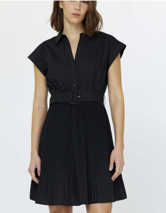 Betsey Marie Shirt Collar Split Neck Short Dress with Buckle Belt