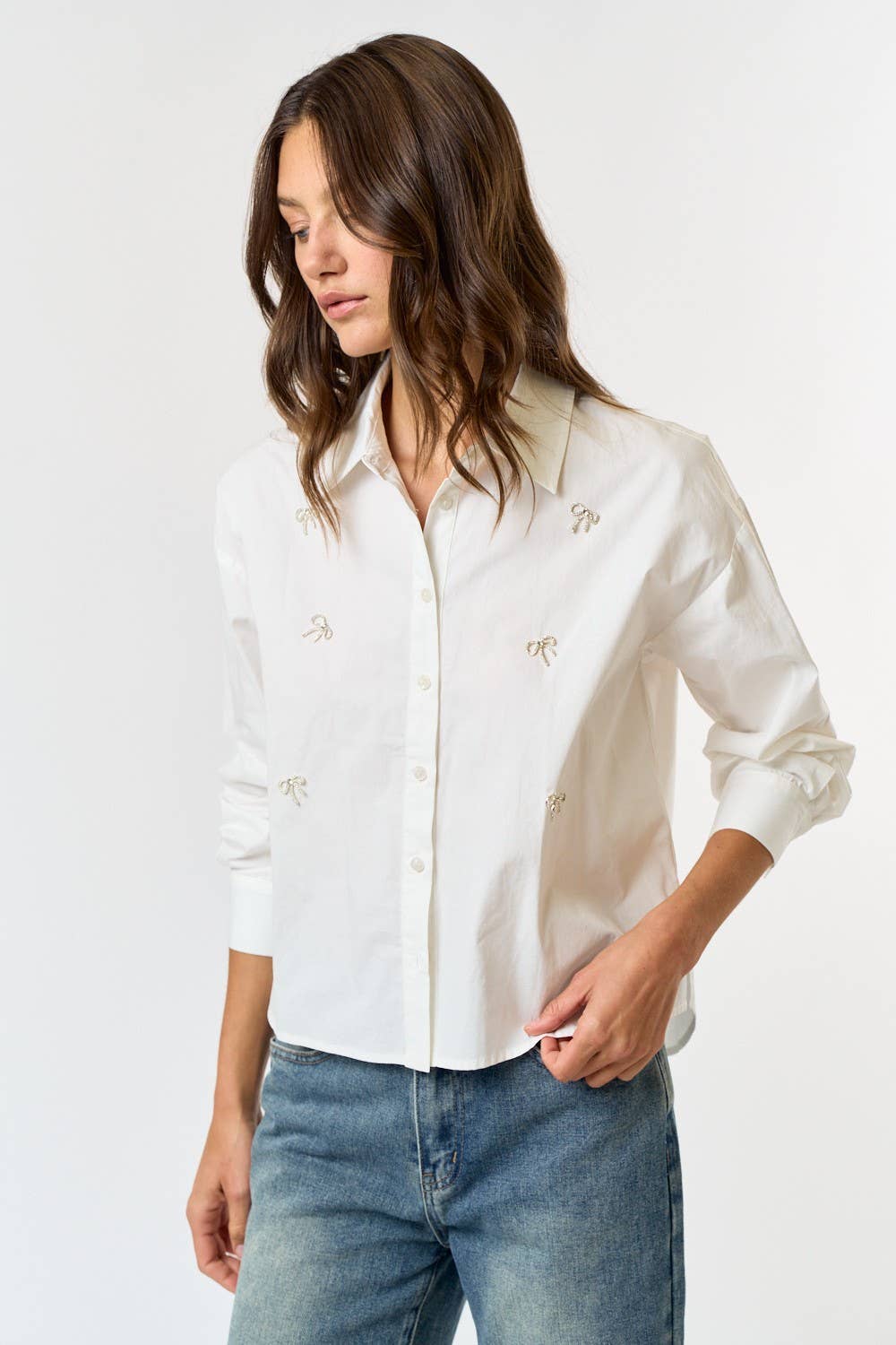 Celeste Jewled Bow Detail Button Down Shirt Top