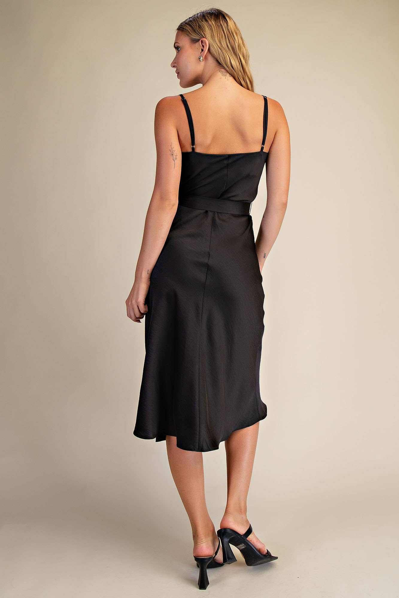 Satin Draped Neck Sleeveless Midi Dress - Lucille