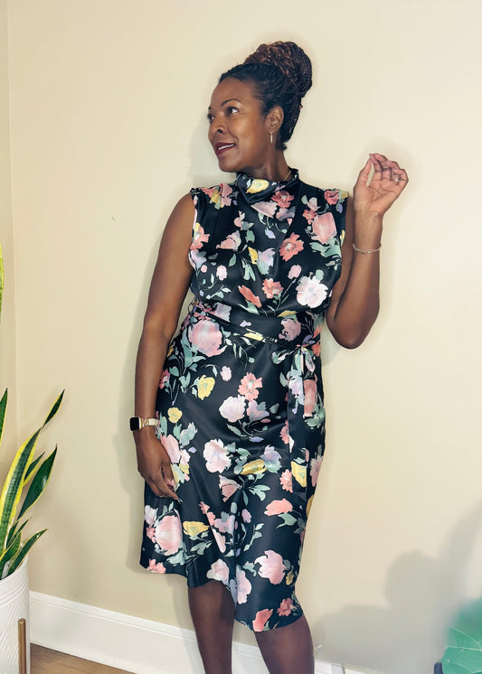 Mock Cowl Neck Satin Floral Midi Dress – Terrie