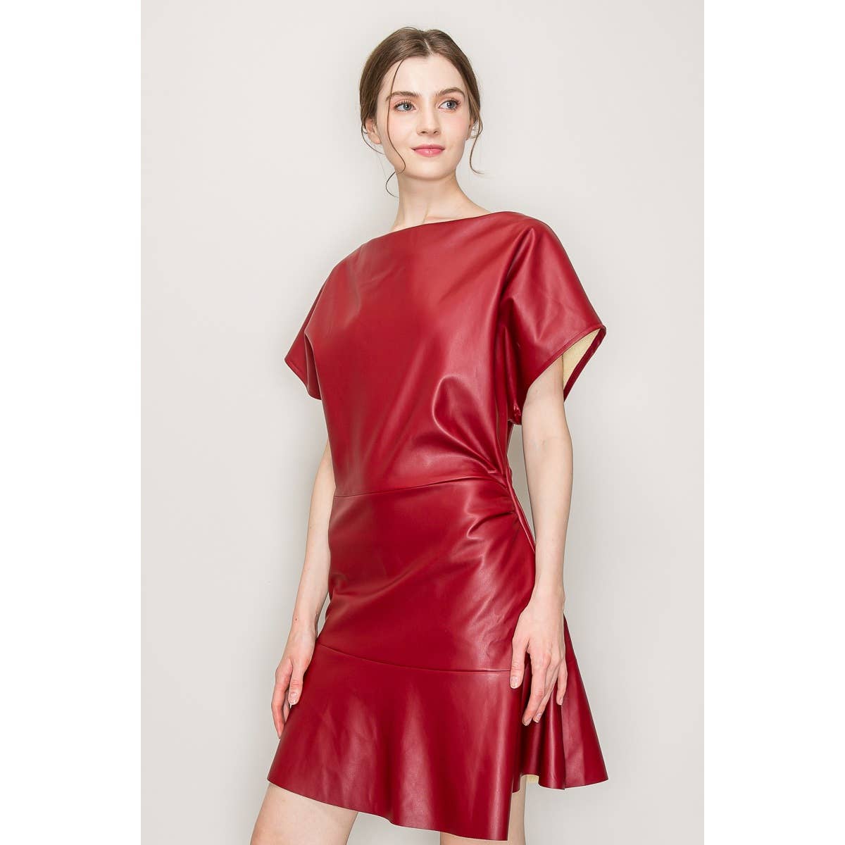 Briana Boat Neck Vegan Leather Short Sleeve Mini Dress