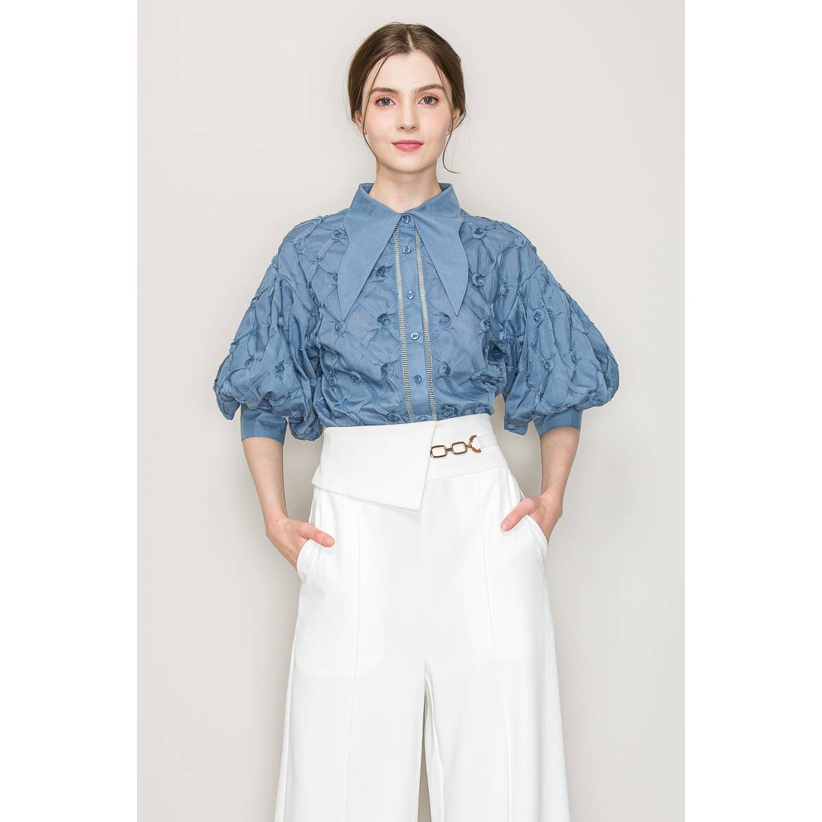 Cecilia Exaggerated Rose Detail Short Puff Sleeve Button-Up Shirt