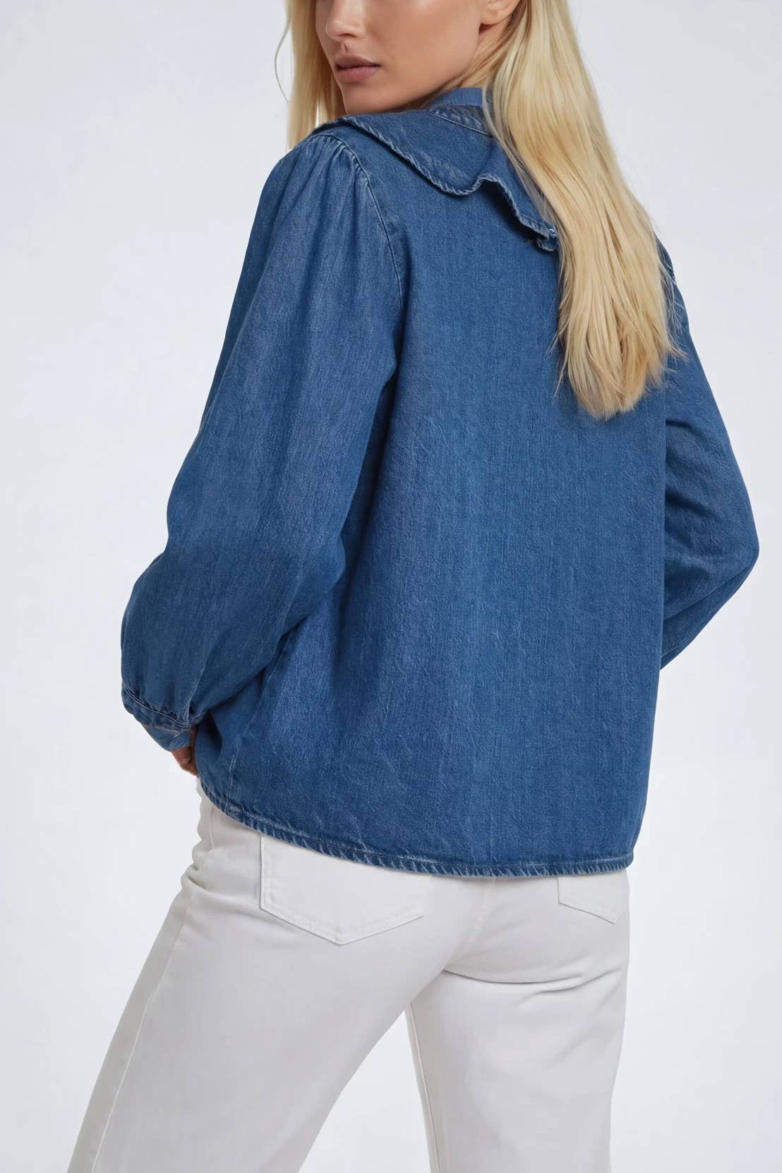 Ruffled 3/4 Sleeve Denim Blouse – Elana