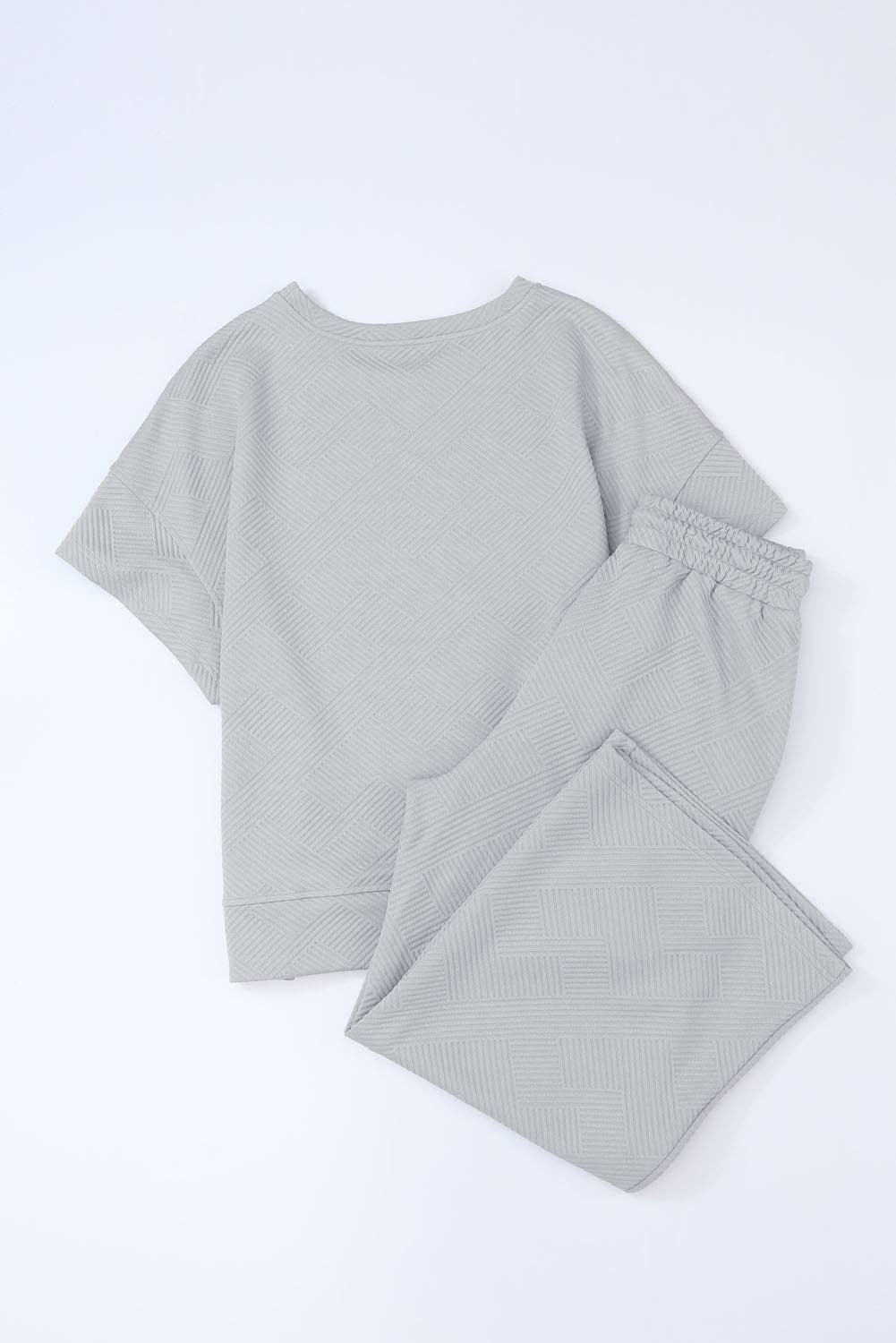 LAST ONE Gray Textured Loose Fit T Shirt and Drawstring Pants Set: Gray / 2XL / 95%Polyester+5%Elastane