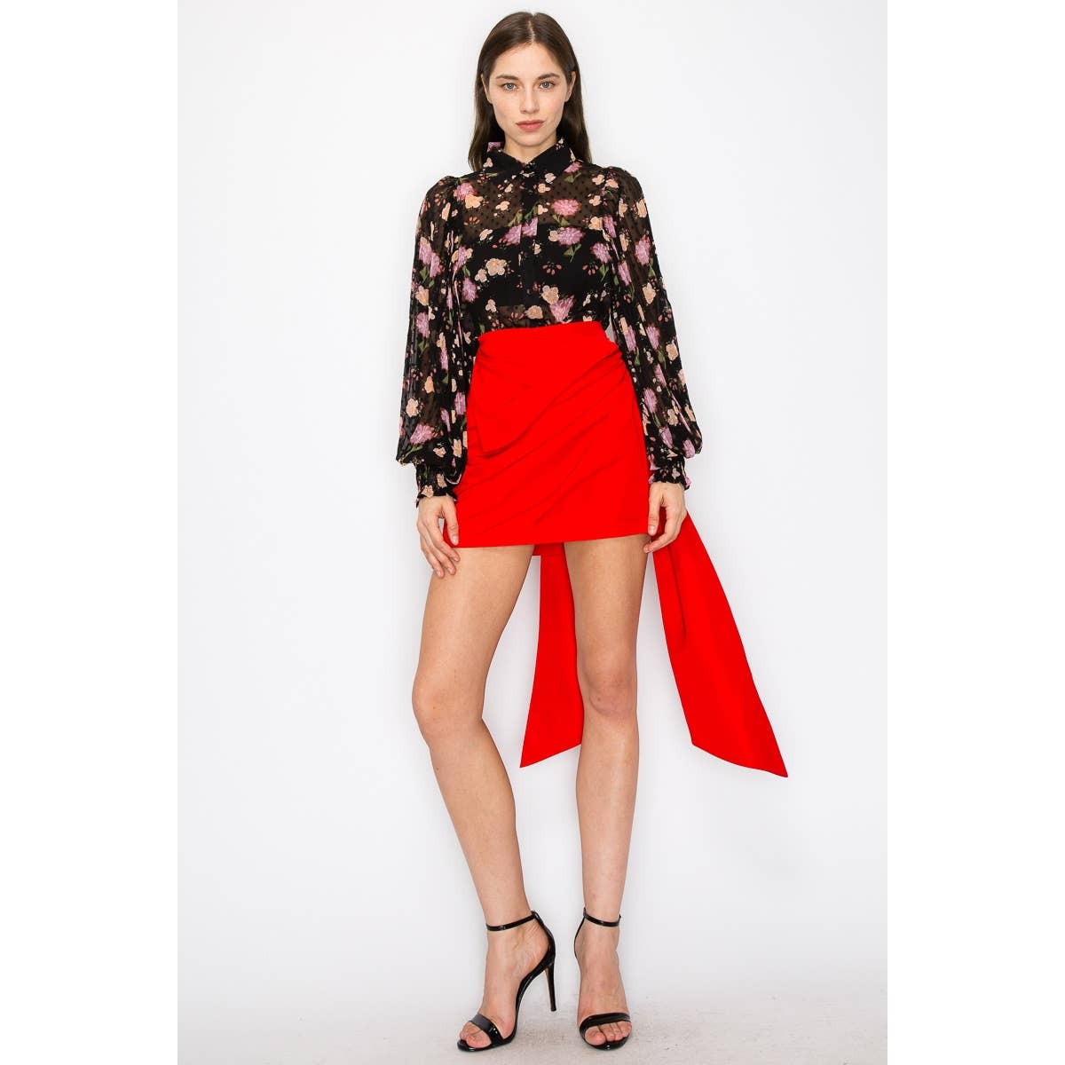 Crystal Long Pleated Sleeve Floral print Blouse Top