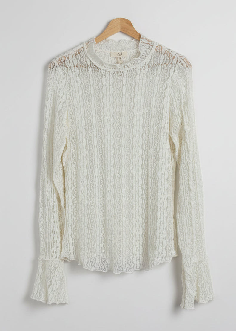 Sheer Lace Mock Neck Top With Bellsleeve – Lila