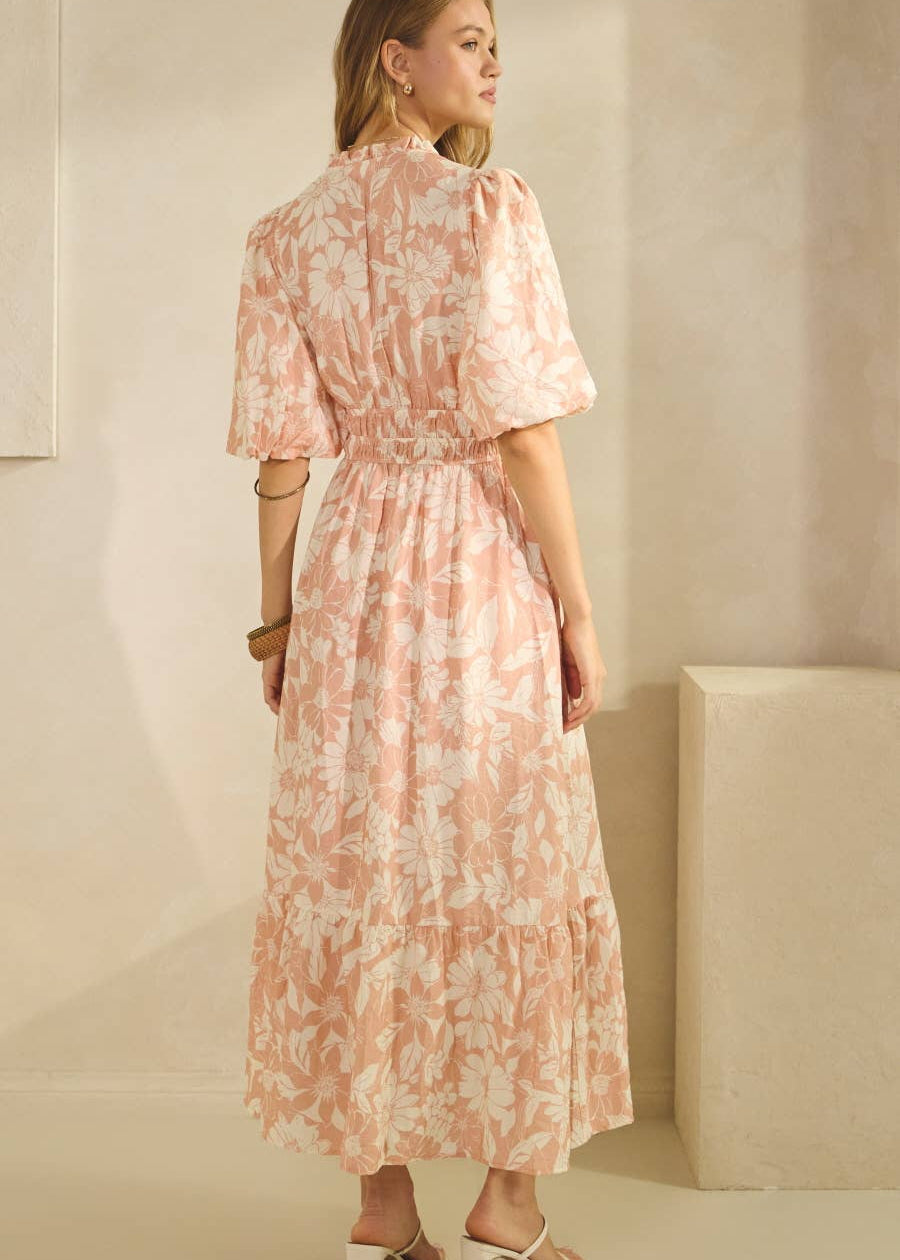 back view of women wearing aline floral dress with sleeves 